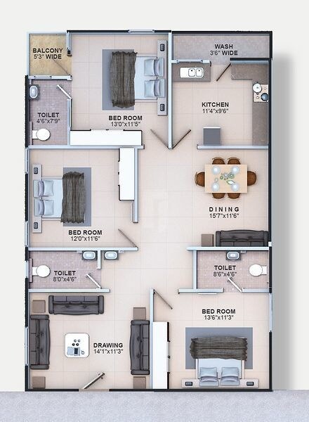 Floor plan of 3 BHK 1497 Sq. Ft. Apartment in Moghal Meraki, Hyderabad