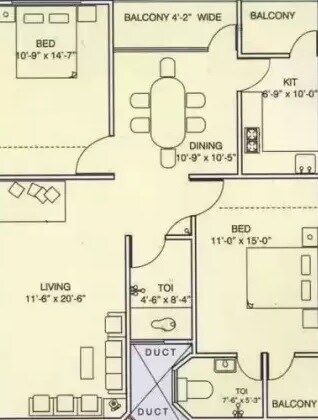Floor plan of 2 BHK 1100 Sq. Ft. Apartment in Moghal Millenium, Hyderabad