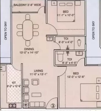 Floor plan of 2 BHK 895 Sq. Ft. Apartment in Moghal Millenium, Hyderabad