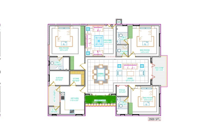 Floor plan of 3 BHK 2600 Sq. Ft. Apartment in Movie Towers, Hyderabad