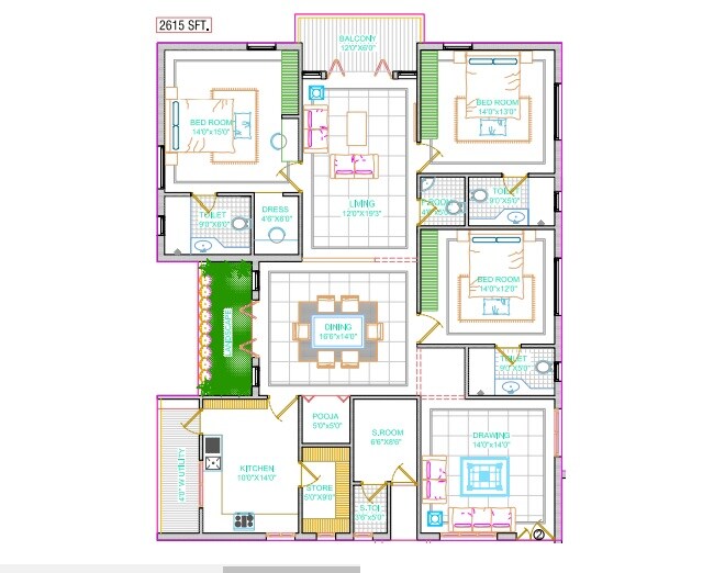 Floor plan of 3 BHK 2615 Sq. Ft. Apartment in Movie Towers, Hyderabad