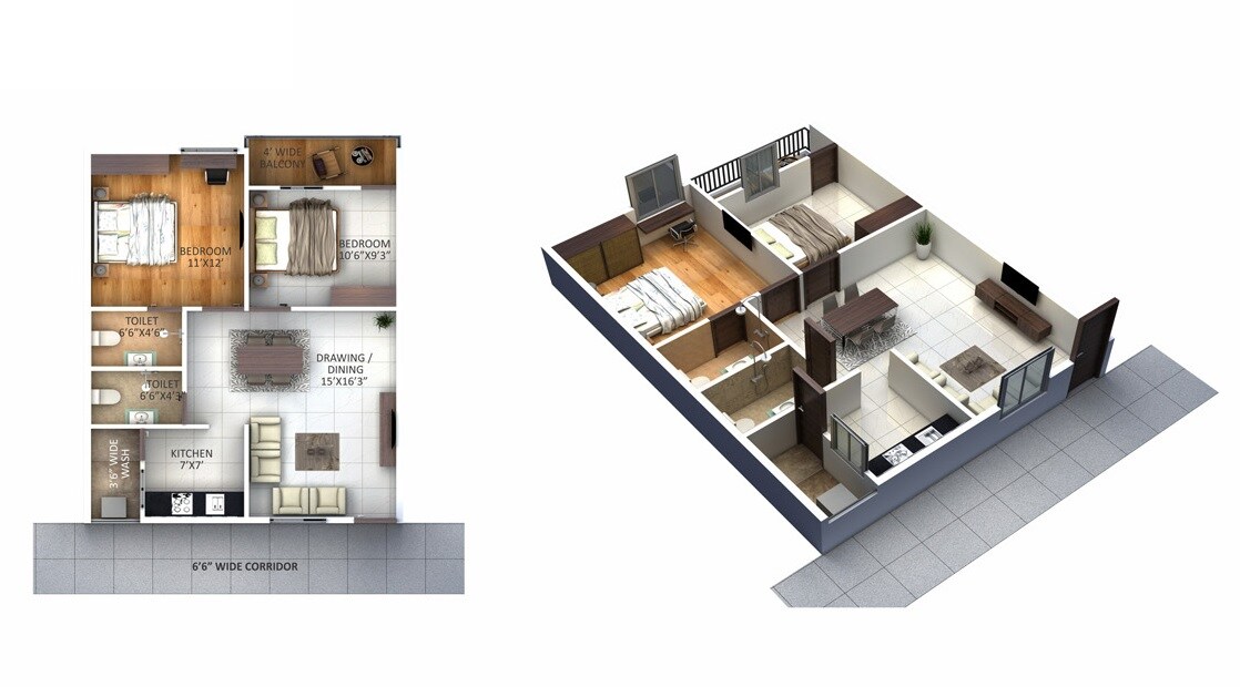 Floor plan of 2 BHK 910 Sq. Ft. Apartment in MPR Urban City, Hyderabad