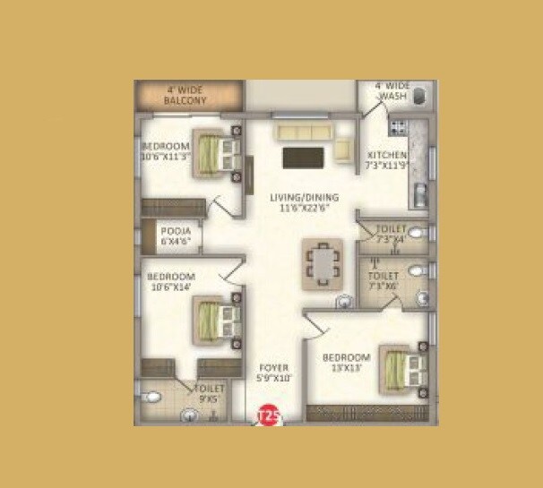 Floor plan of 3 BHK 1678 Sq. Ft. Apartment in MRKR Meda Prestige, Hyderabad