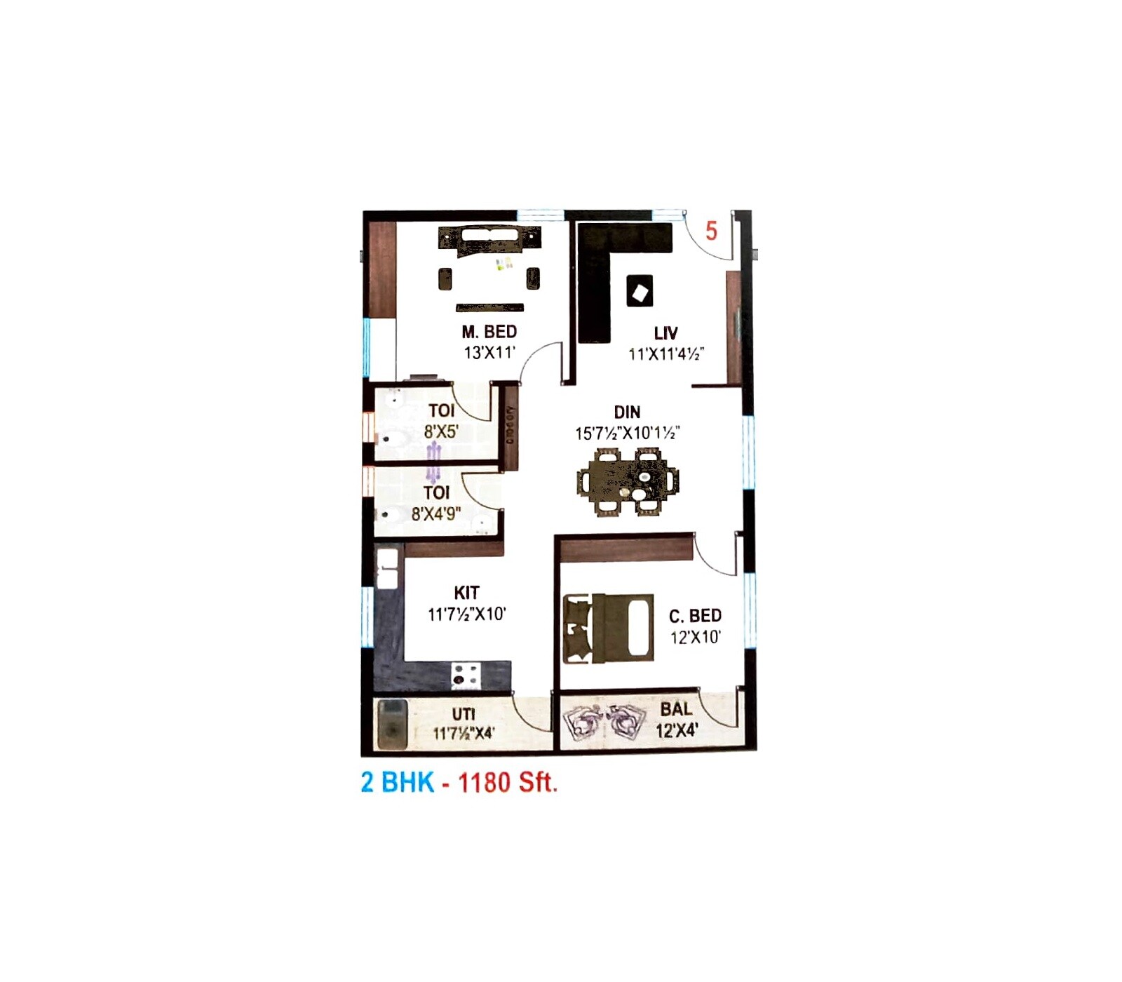 Floor plan of 2 BHK 1180 Sq. Ft. Apartment in MS Crown, Hyderabad