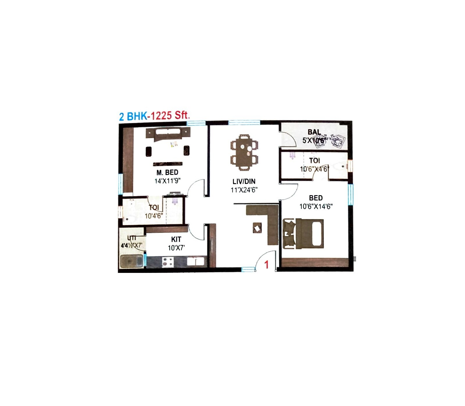 Floor plan of 2 BHK 1225 Sq. Ft. Apartment in MS Crown, Hyderabad