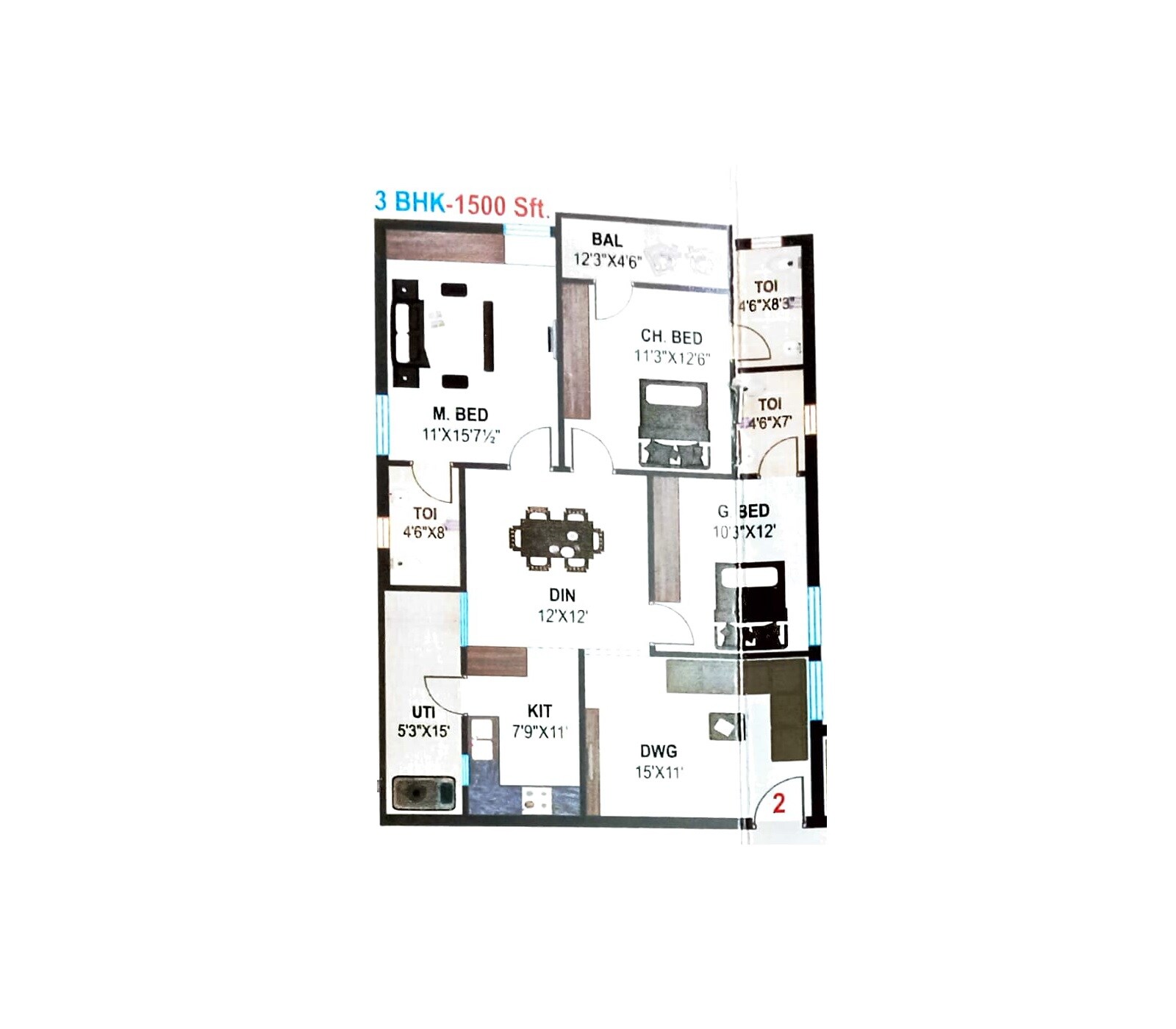 Floor plan of 3 BHK 1500 Sq. Ft. Apartment in MS Crown, Hyderabad