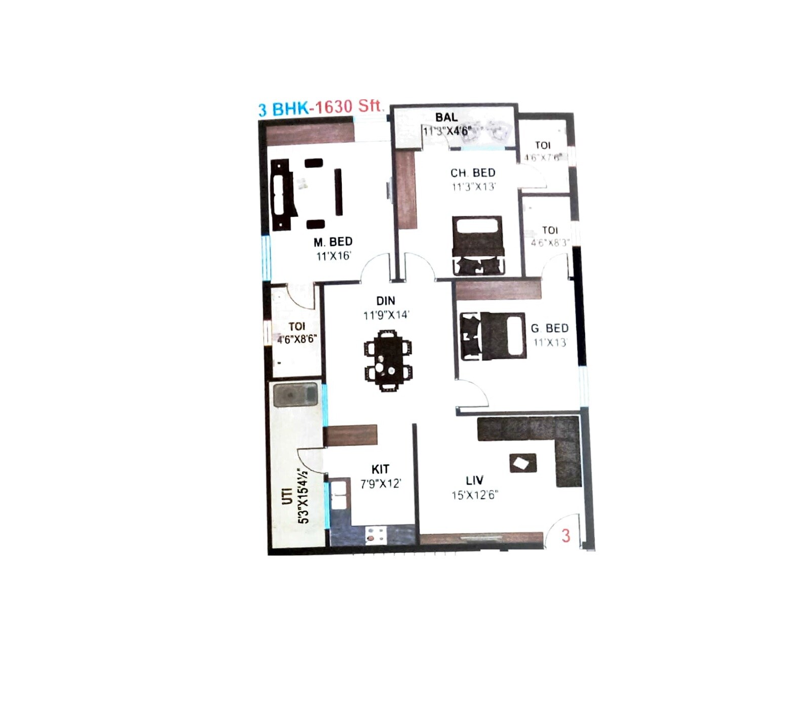 Floor plan of 3 BHK 1630 Sq. Ft. Apartment in MS Crown, Hyderabad