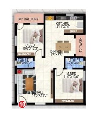 Floor plan of 2 BHK 1140 Sq. Ft. Apartment in MS Elite Park, Hyderabad