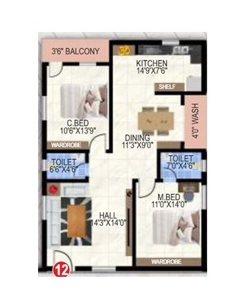 Floor plan of 2 BHK 1235 Sq. Ft. Apartment in MS Elite Park, Hyderabad