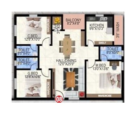 Floor plan of 3 BHK 1505 Sq. Ft. Apartment in MS Elite Park, Hyderabad