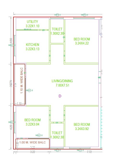 Floor plan of 3 BHK 1462 Sq. Ft. Apartment in MSK Aaroha, Hyderabad