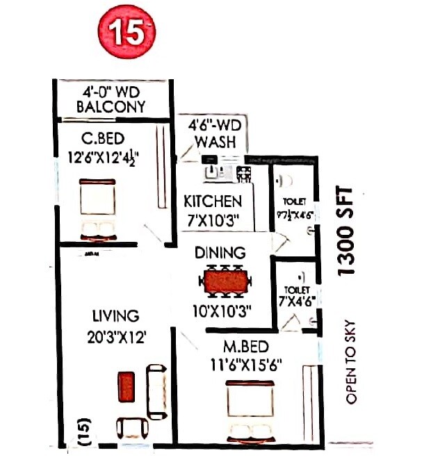 Floor plan of 2 BHK 1300 Sq. Ft. Apartment in MSM Sambavathi Lake View, Hyderabad