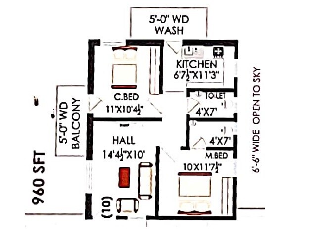 Floor plan of 2 BHK 960 Sq. Ft. Apartment in MSM Sambavathi Lake View, Hyderabad