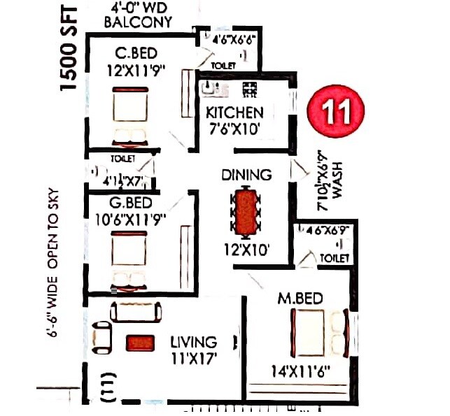Floor plan of 3 BHK 1500 Sq. Ft. Apartment in MSM Sambavathi Lake View, Hyderabad