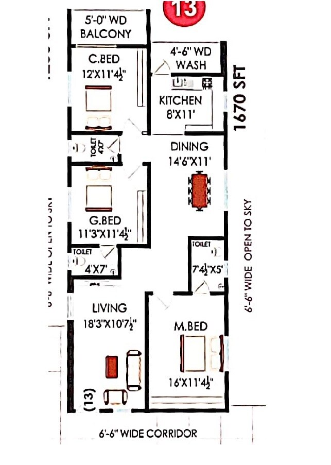 Floor plan of 3 BHK 1670 Sq. Ft. Apartment in MSM Sambavathi Lake View, Hyderabad