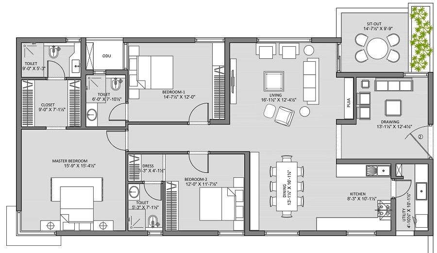 Floor plan of 3 BHK 2560 Sq. Ft. Apartment in MSR Mamidi Prive 32, Hyderabad