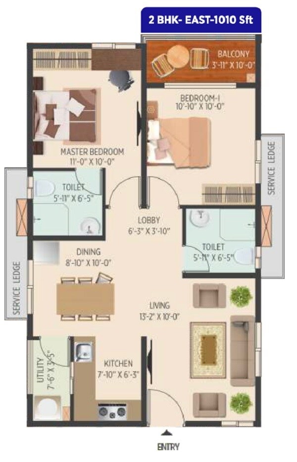 Floor plan of 2 BHK 1010 Sq. Ft. Apartment in Muppa Melody, Hyderabad