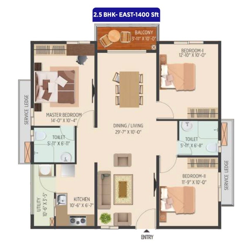 Floor plan of 2 BHK 1400 Sq. Ft. Apartment in Muppa Melody, Hyderabad
