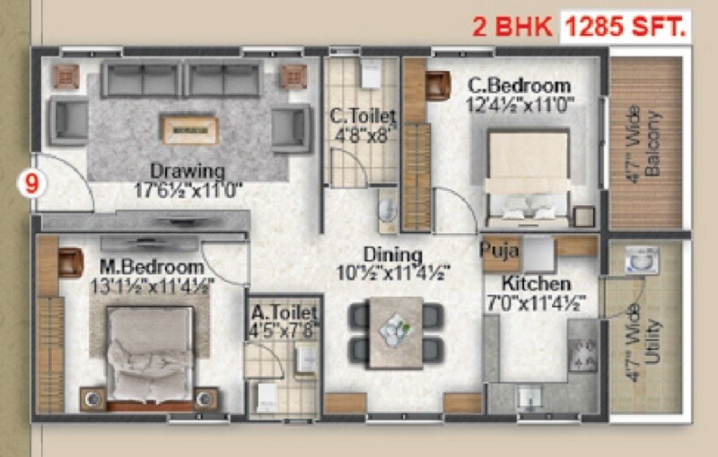 Floor plan of 2 BHK 1285 Sq. Ft. Apartment in My Avigna Heights, Hyderabad