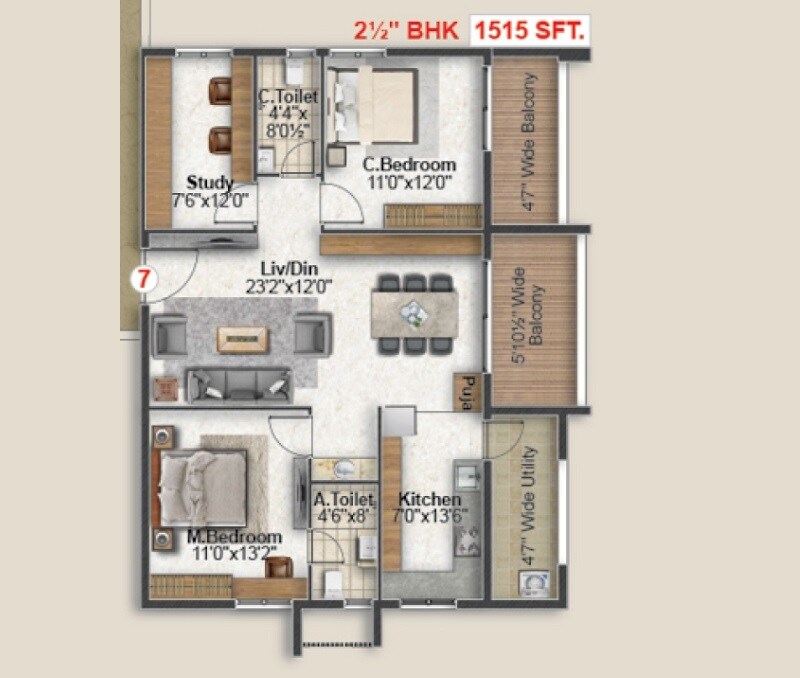 Floor plan of 2 BHK 1515 Sq. Ft. Apartment in My Avigna Heights, Hyderabad