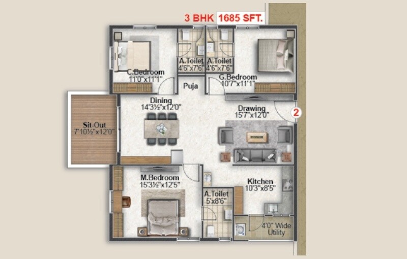 Floor plan of 3 BHK 1685 Sq. Ft. Apartment in My Avigna Heights, Hyderabad