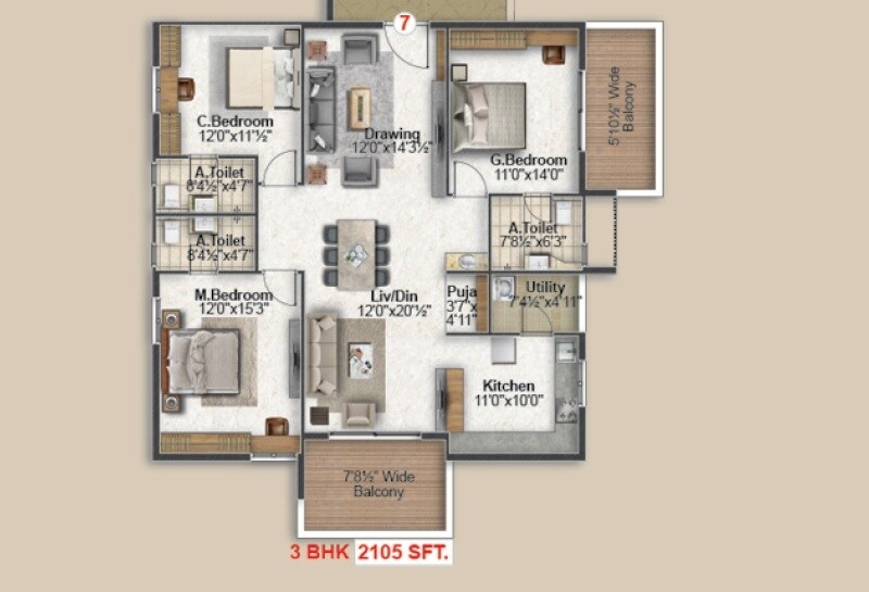 Floor plan of 3 BHK 2105 Sq. Ft. Apartment in My Avigna Heights, Hyderabad