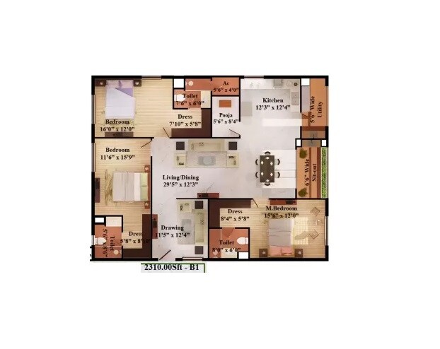 Floor plan of 3 BHK 2310 Sq. Ft. Apartment in My Home Abhra, Hyderabad