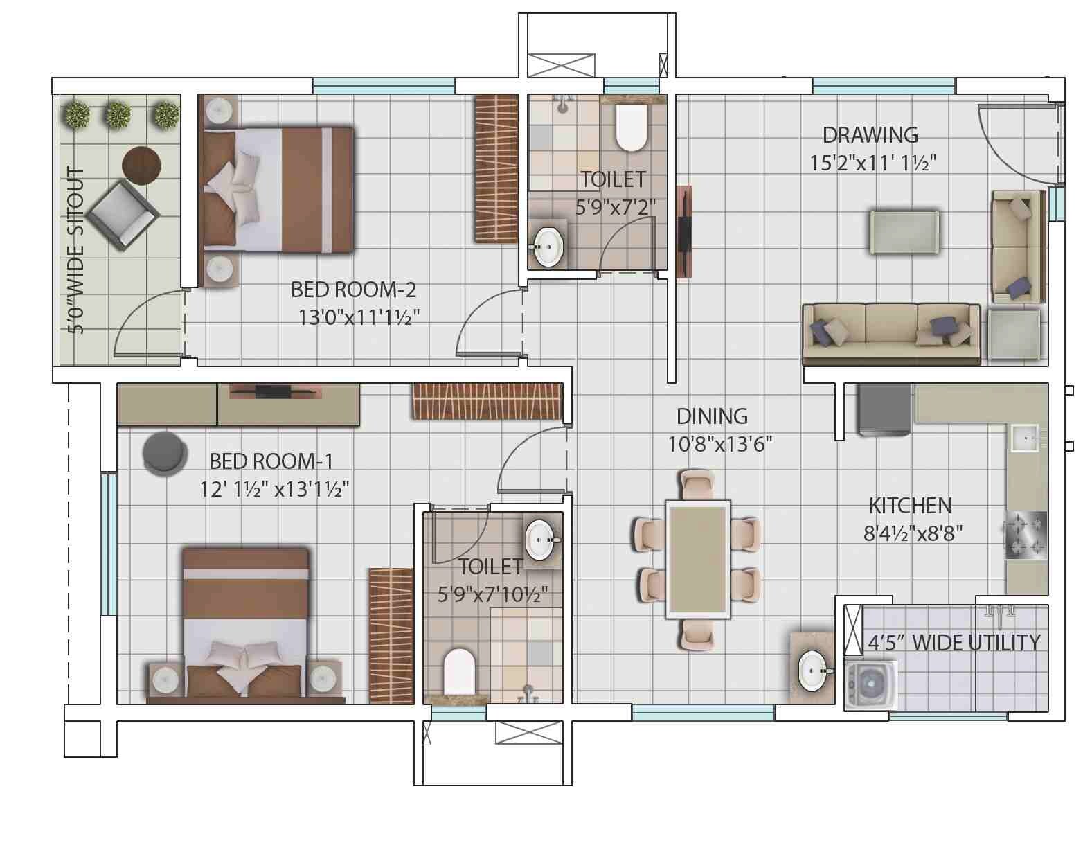 Floor plan of 2 BHK 1314 Sq. Ft. Apartment in My Home Avatar, Hyderabad