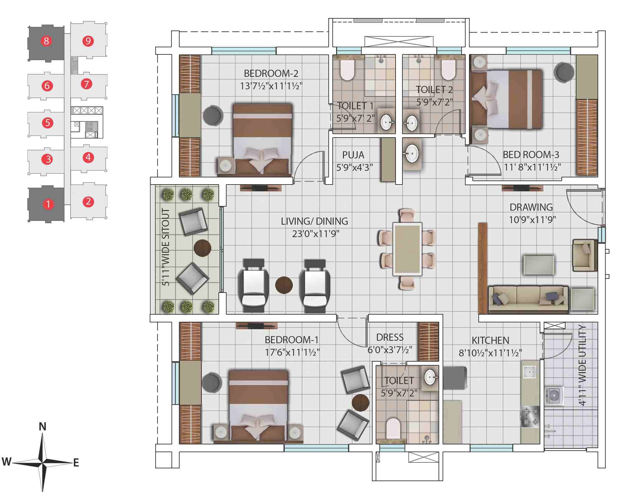 Floor plan of 3 BHK 1834 Sq. Ft. Apartment in My Home Avatar, Hyderabad