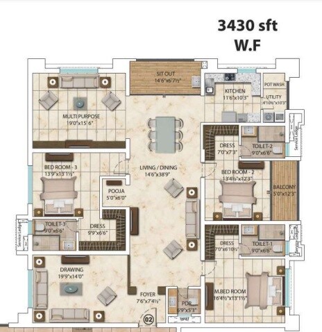 Floor plan of 3 BHK 3430 Sq. Ft. Apartment in My Home Bhooja, Hyderabad