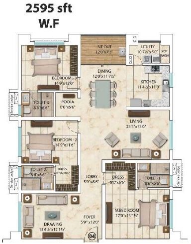 Floor plan of 3 BHK 2595 Sq. Ft. Apartment in My Home Bhooja, Hyderabad
