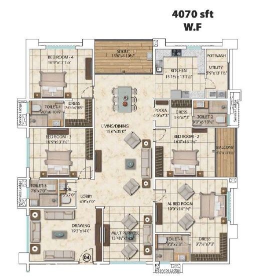 Floor plan of 4 BHK 4070 Sq. Ft. Apartment in My Home Bhooja, Hyderabad