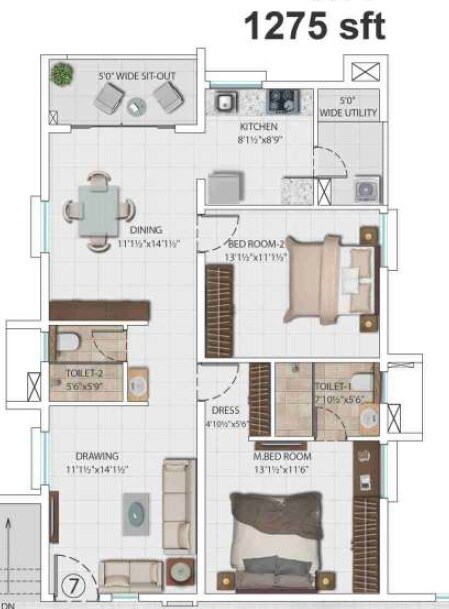 Floor plan of 2 BHK 1275 Sq. Ft. Apartment in My Home Krishe, Hyderabad