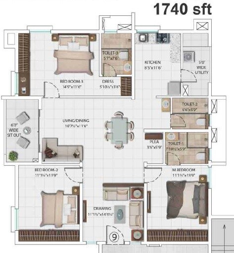 Floor plan of 3 BHK 1740 Sq. Ft. Apartment in My Home Krishe, Hyderabad
