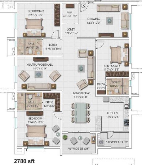 Floor plan of 3 BHK 2780 Sq. Ft. Apartment in My Home Krishe, Hyderabad