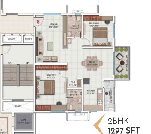 Floor plan of 2 BHK 1297 Sq. Ft. Apartment in My Home Mangala, Hyderabad