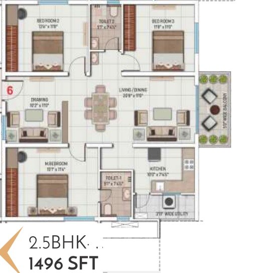 Floor plan of 2 BHK 1496 Sq. Ft. Apartment in My Home Mangala, Hyderabad