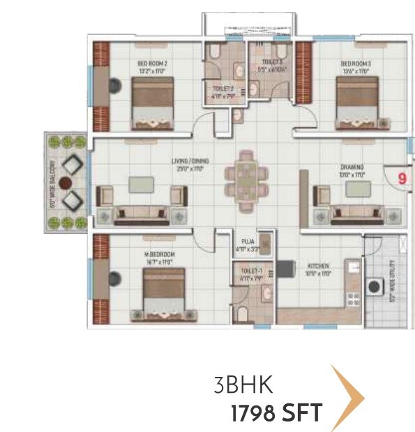 Floor plan of 3 BHK 1798 Sq. Ft. Apartment in My Home Mangala, Hyderabad