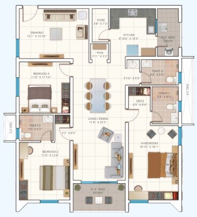 Floor plan of 3 BHK 1969 Sq. Ft. Apartment in My Home Raka, Hyderabad