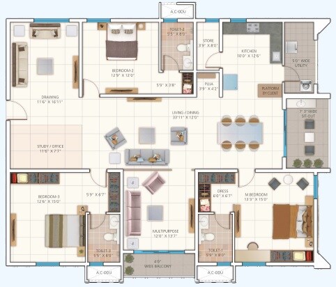 Floor plan of 3 BHK 2806 Sq. Ft. Apartment in My Home Raka, Hyderabad