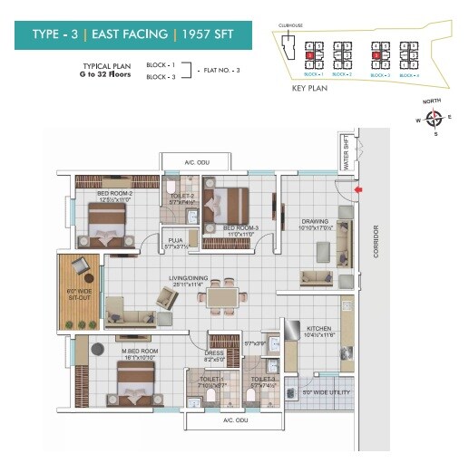 Floor plan of 3 BHK 1957 Sq. Ft. Apartment in My Home Tarkshya, Hyderabad