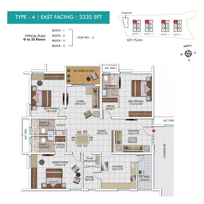 Floor plan of 3 BHK 2235 Sq. Ft. Apartment in My Home Tarkshya, Hyderabad