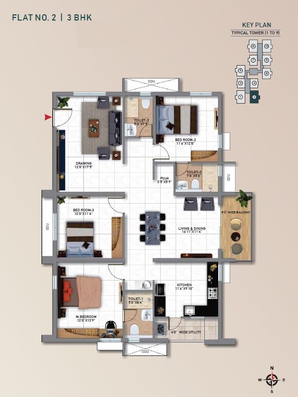 Floor plan of 3 BHK 1830 Sq. Ft. Apartment in My Home Tridasa, Hyderabad