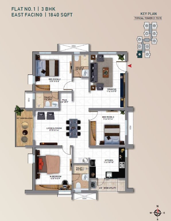 Floor plan of 3 BHK 1840 Sq. Ft. Apartment in My Home Tridasa, Hyderabad