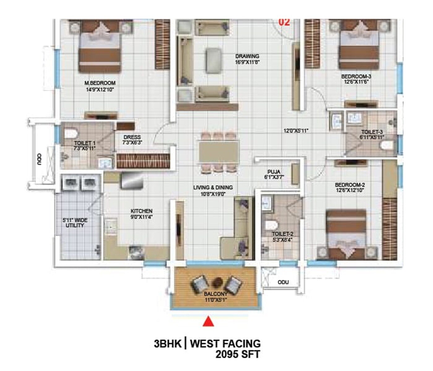 3 BHK 2095 Sq. Ft. Apartment