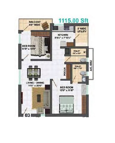 Floor plan of 2 BHK Apartment - 1115 sq. ft. in My Home Vihanga, Hyderabad