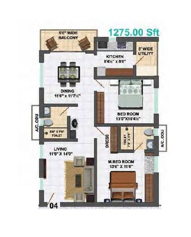 Floor plan of 2 BHK Apartment - 1275 sq. ft. in My Home Vihanga, Hyderabad