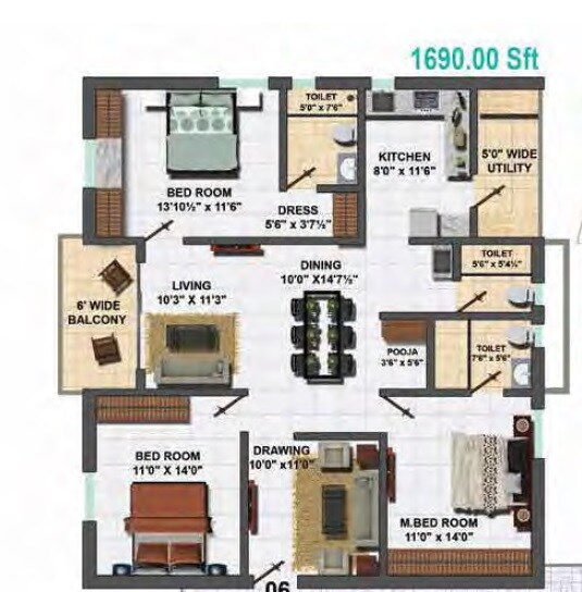 Floor plan of 4 BHK Apartment - 1690 sq. ft. in My Home Vihanga, Hyderabad