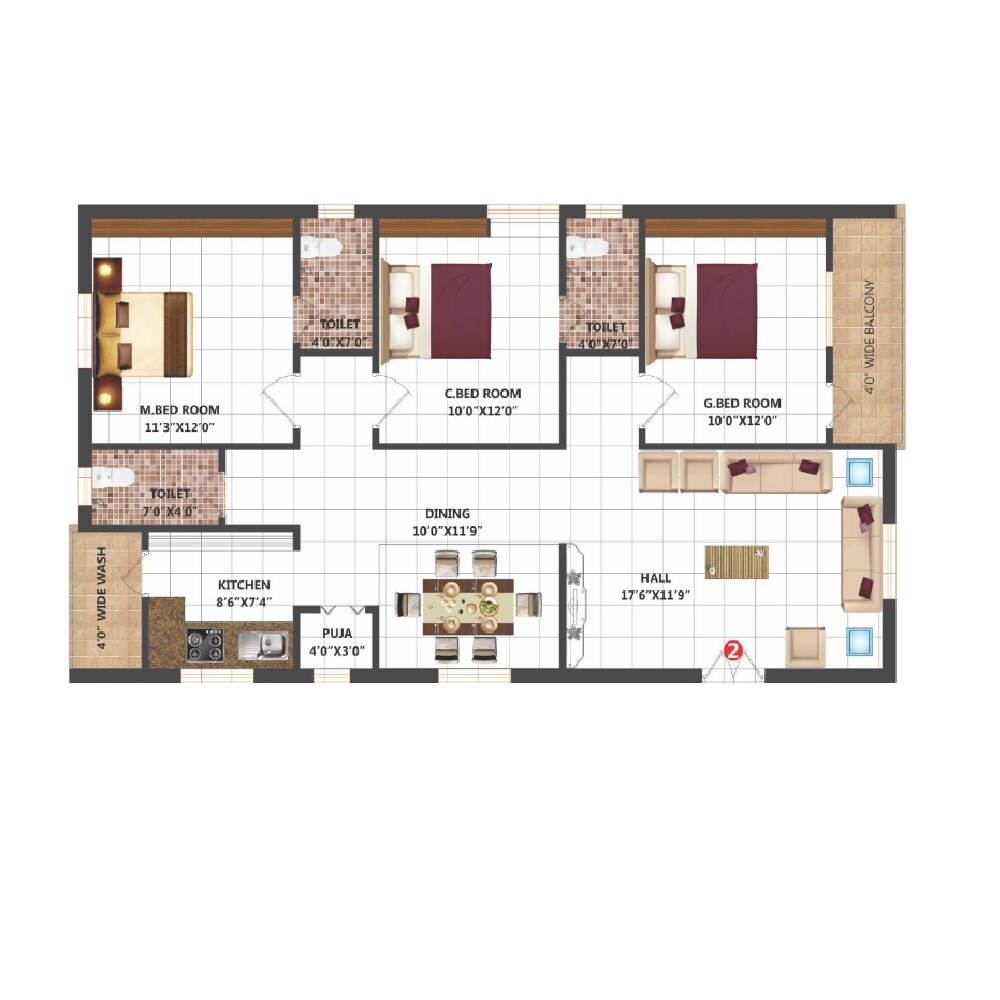Floor plan of 3 BHK 1500 Sq. Ft. Apartment in Myna Enclave, Hyderabad