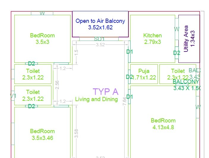 Floor plan of 3 BHK Apartment - 1719 sq. ft. in Myna Vanam, Hyderabad